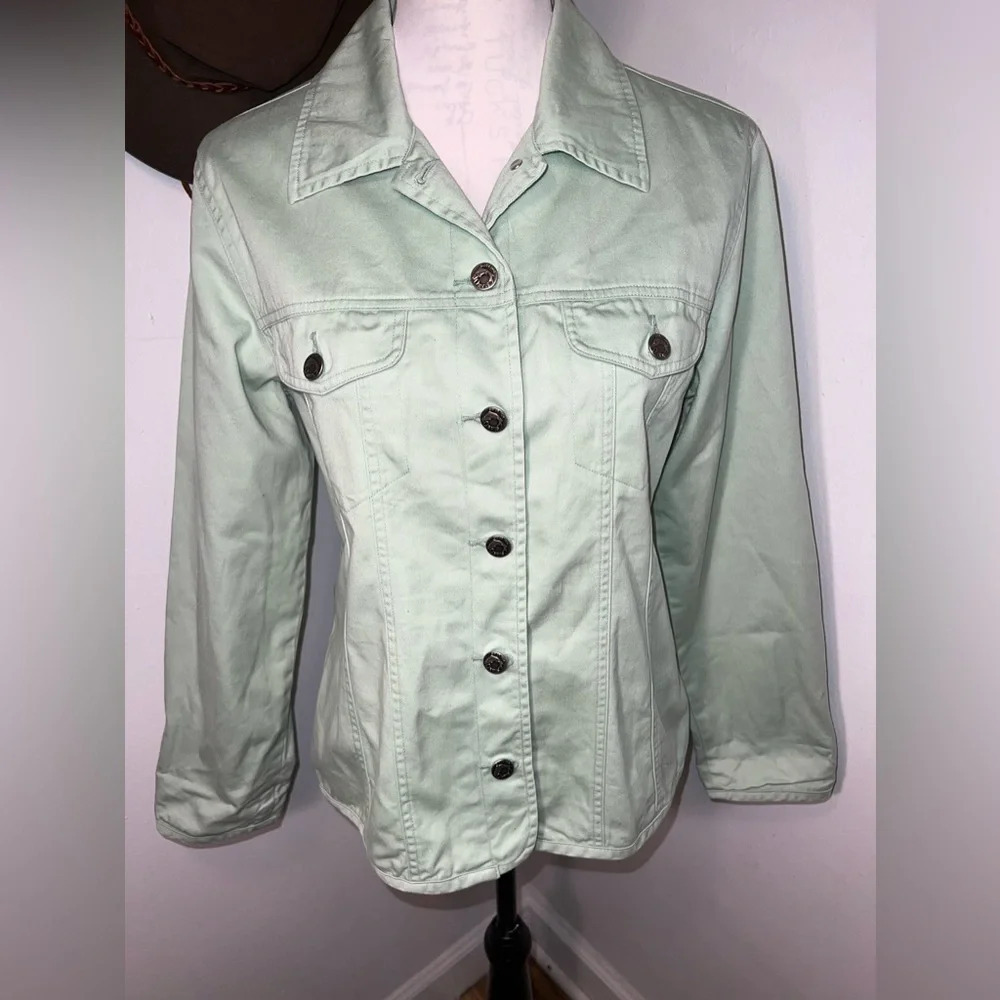 Orvis, S, vintage, pale green w/ floral lining logo button front collared jacket